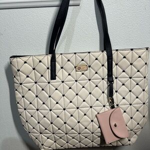 Betsey Johnson Quilted Cream and Black Tote with Gold Accents